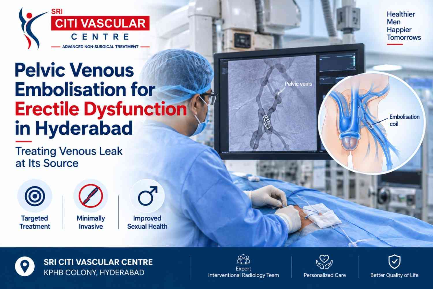 Pelvic venous embolisation venous leak erectile dysfunction treatment Hyderabad deep dorsal vein access Dr Garge Citi Vascular Centre KPHB FRCR