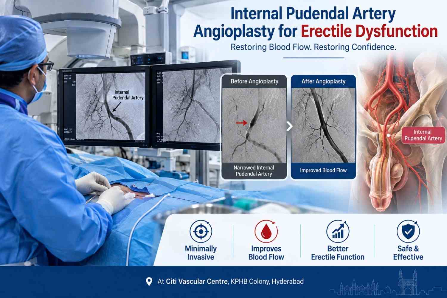 Fluoroscopy-guided internal pudendal artery angioplasty for erectile dysfunction arterial insufficiency at Citi Vascular Centre KPHB Colony Hyderabad