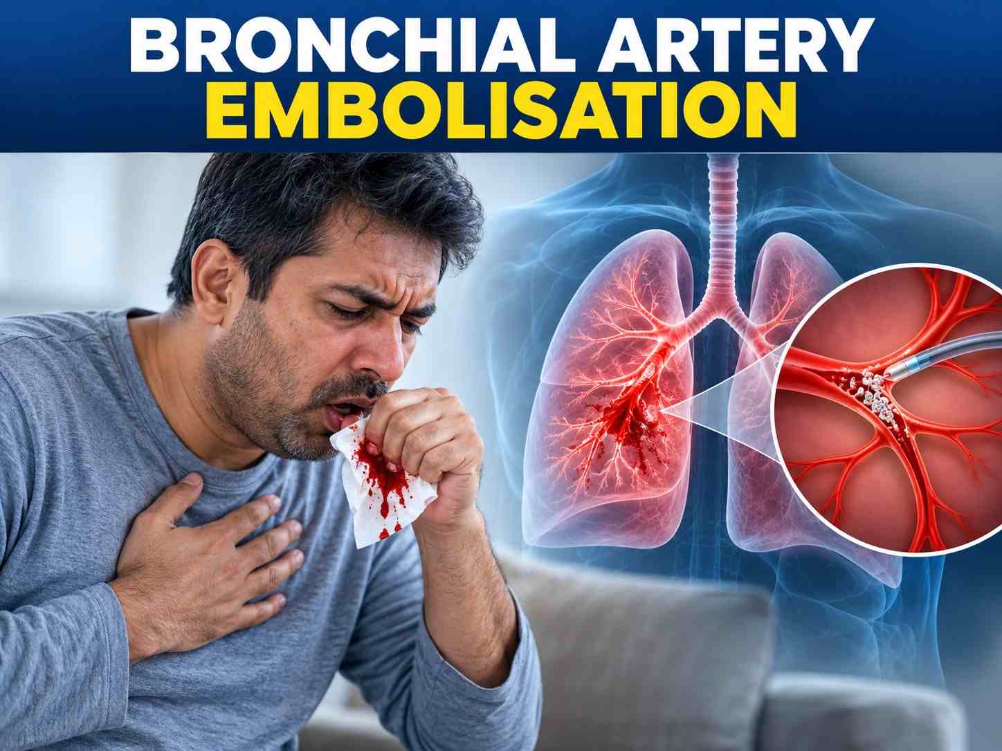 Bronchial artery embolisation for hemoptysis showing a patient coughing blood and an illustration of the lungs with a catheter embolising a bleeding bronchial artery