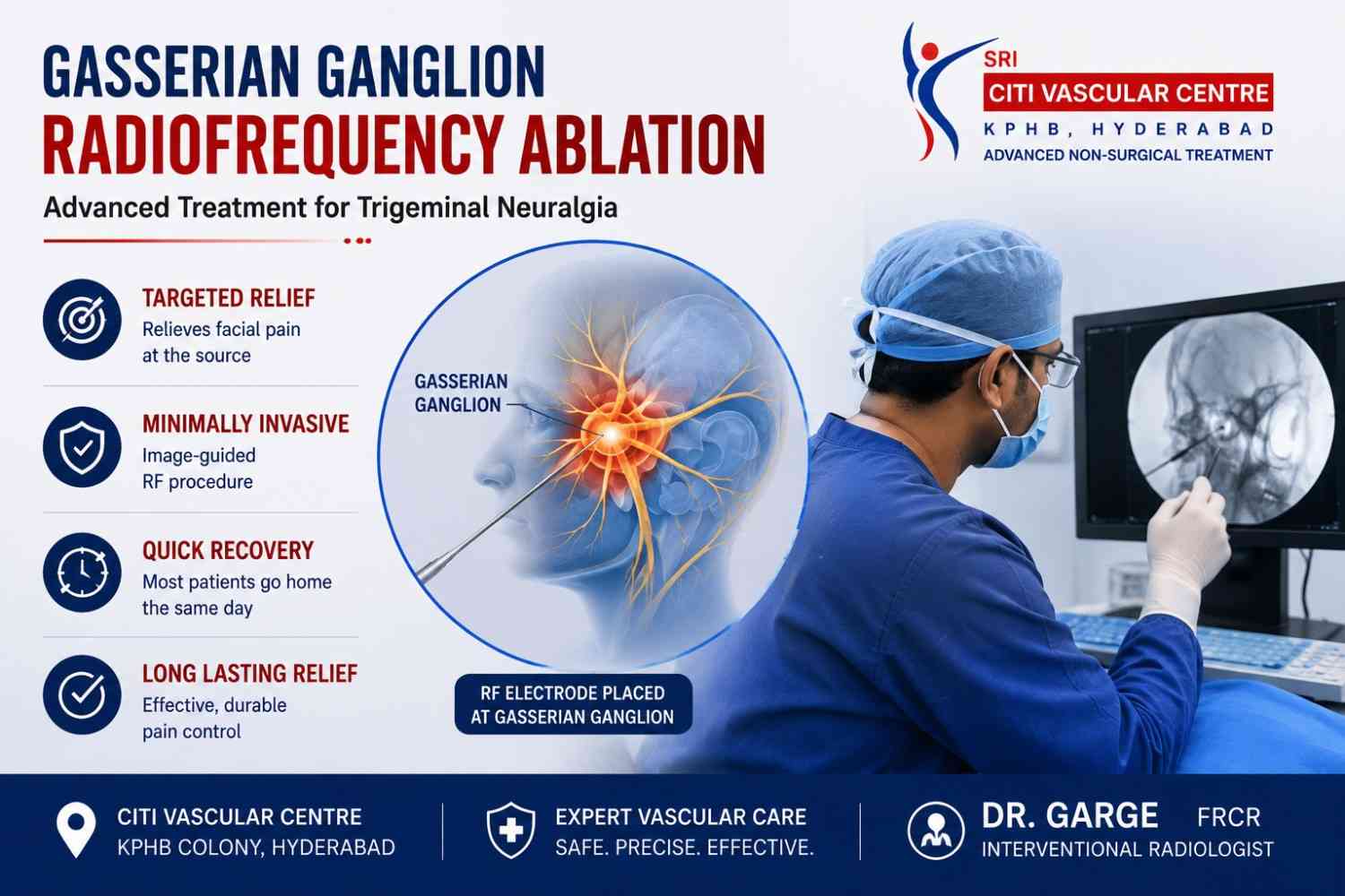 Gasserian ganglion radiofrequency ablation trigeminal neuralgia treatment procedure recovery Hyderabad  Dr Garge Citi Vascular Centre KPHB FRCR
