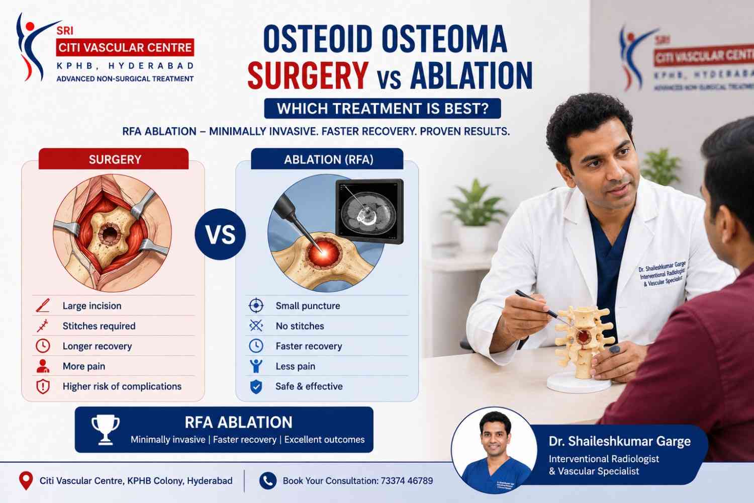 Osteoid osteoma surgery versus ablation comparison Hyderabad which treatment best RFA ablation Dr Garge Citi Vascular Centre KPHB
