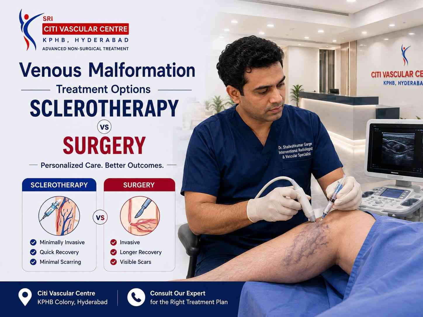 Venous malformation sclerotherapy vs surgery Hyderabad best treatment vascular malformation comparison Dr Garge Citi Vascular Centre KPHB