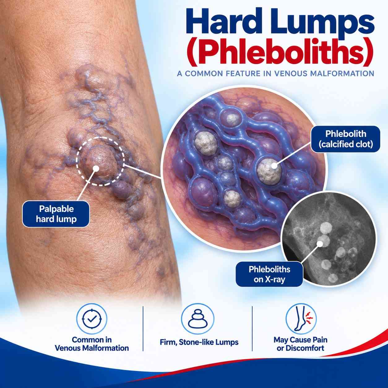 Phleboliths (hard, calcified lumps) in venous malformation.