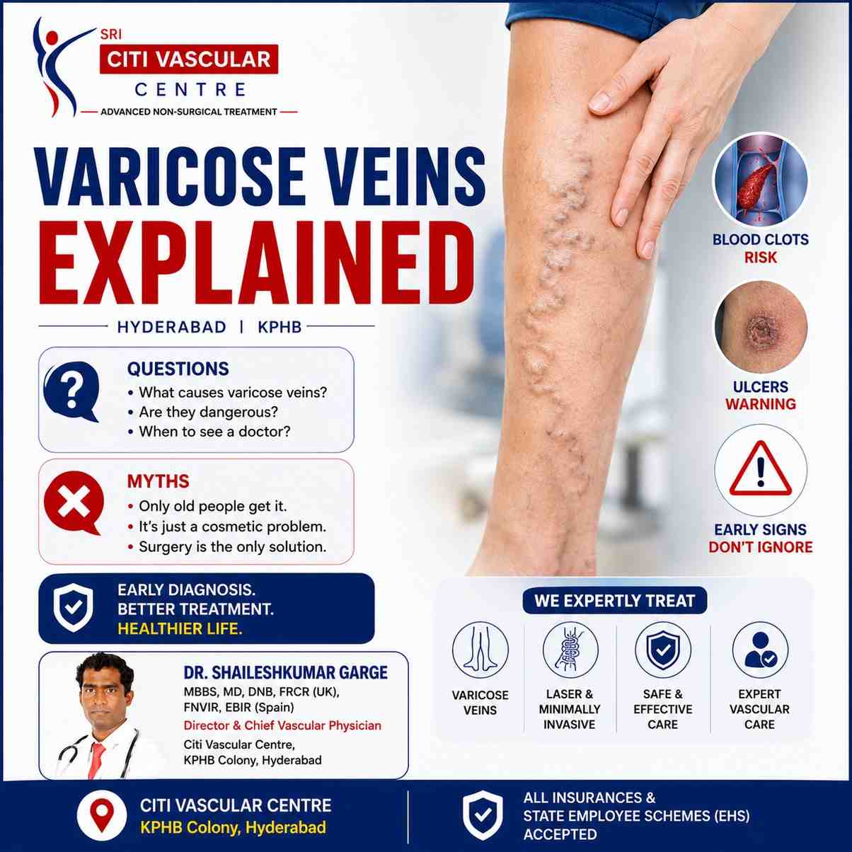 Dr. Shaileshkumar Garge explaining common varicose vein myths FAQ blood clots ulcers and warning signs at Citi Vascular Hospital KPHB Colony Hyderabad 