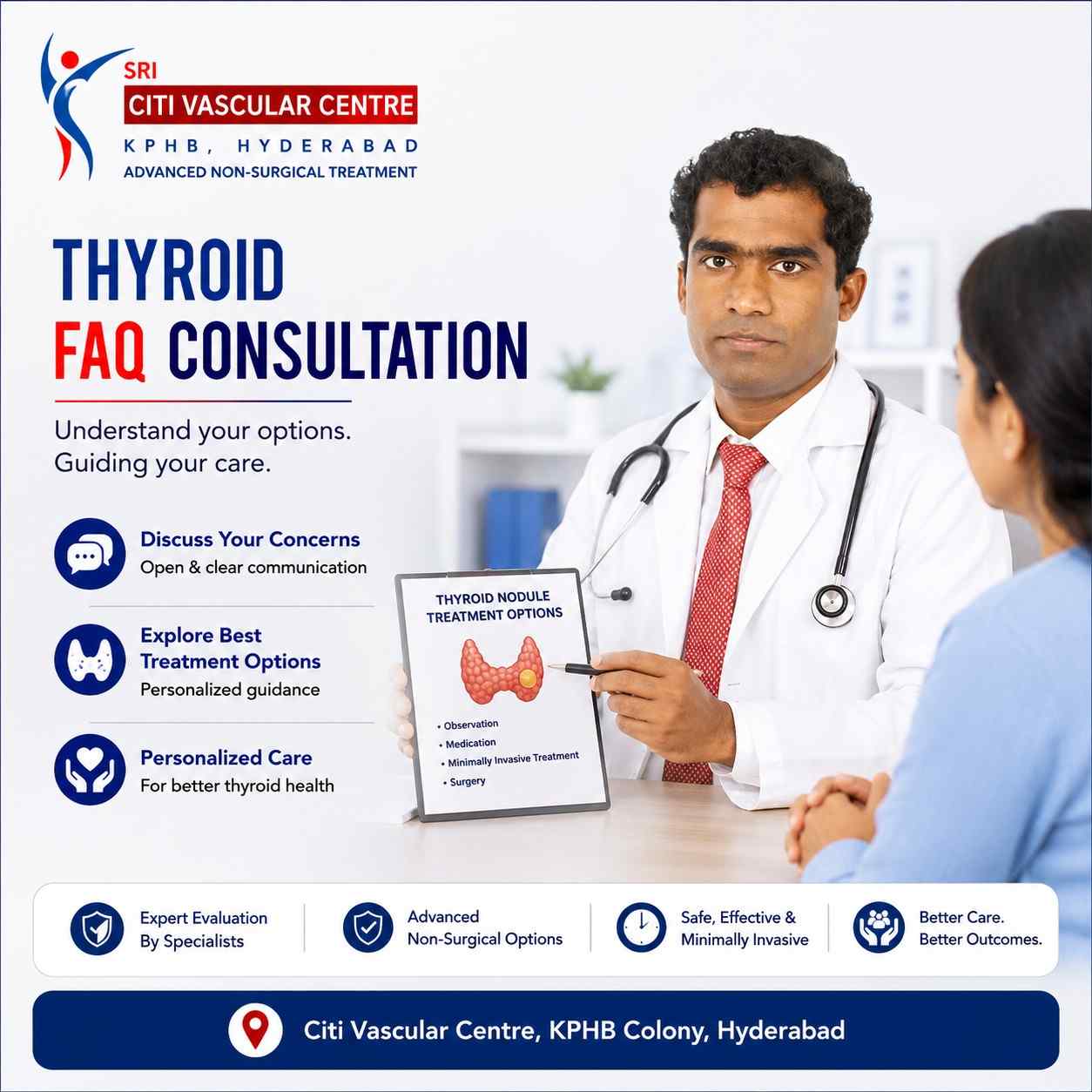 Patient discussing thyroid nodule treatment options with Dr Shaileshkumar Garge at Citi Vascular Centre KPHB Colony Hyderabad thyroid FAQ consultation