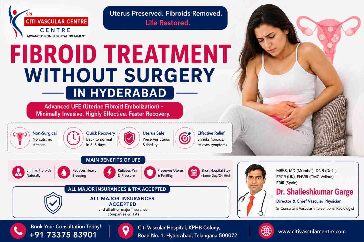 Dr Shaileshkumar Garge explaining non-surgical uterine fibroid treatment using UFE/UAE in Hyderabad, India