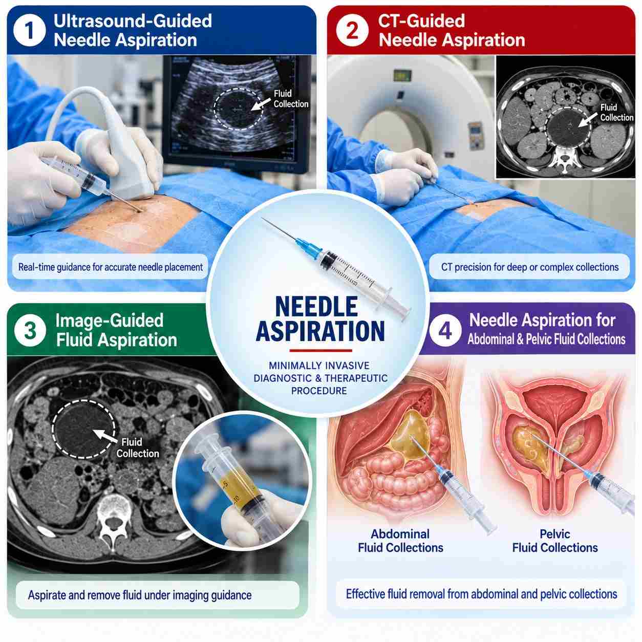 Needle aspiration for abdominal and pelvic fluid collections using ultrasound and CT guidance