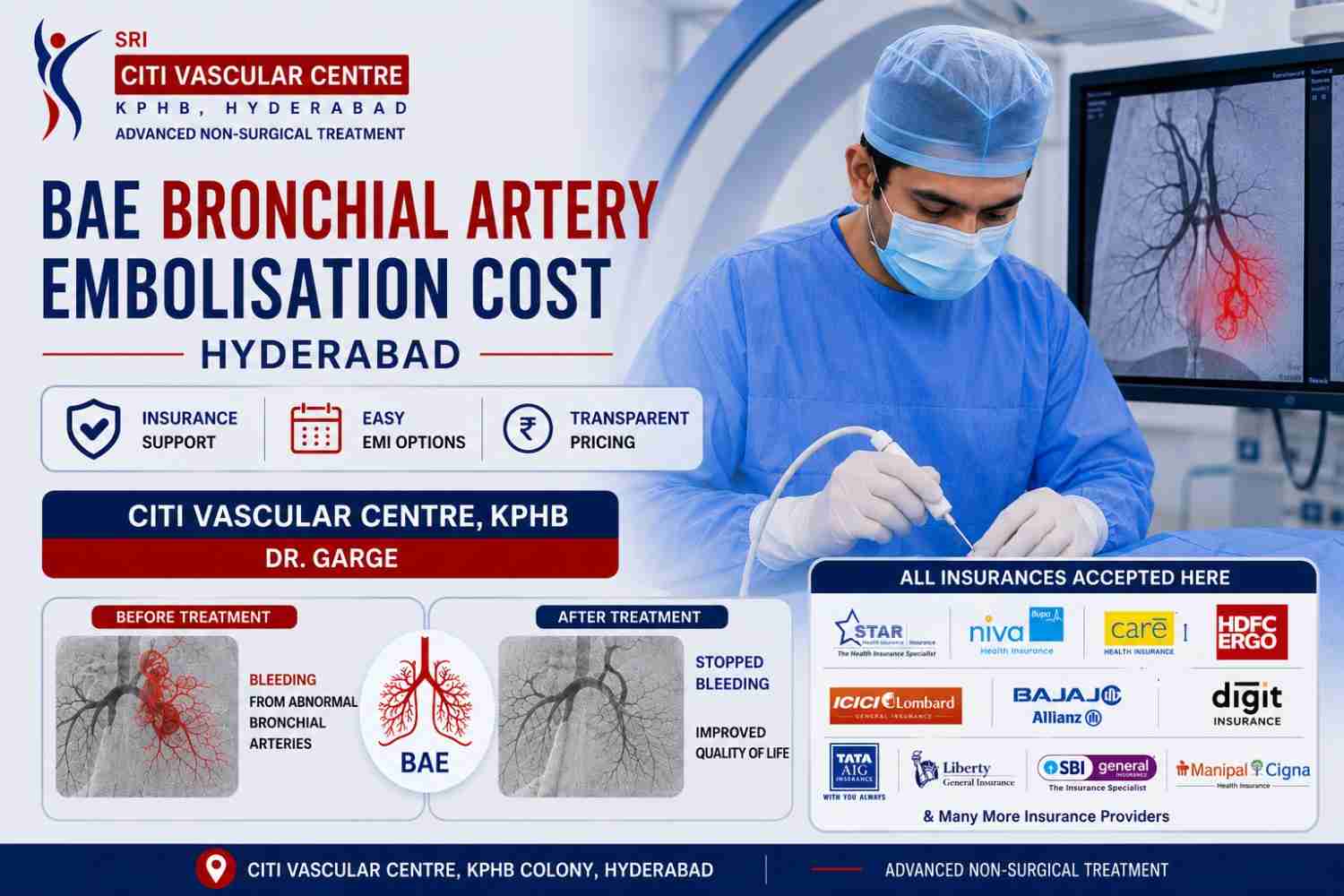 BAE bronchial artery embolisation cost Hyderabad  insurance EMI package Citi Vascular Centre KPHB Dr Garge