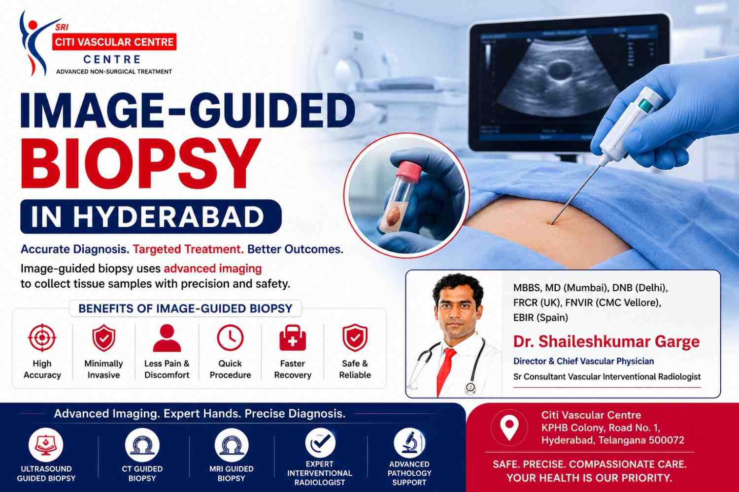 Dr. Shaileshkumar Garge performing real-time ultrasound-guided core needle biopsy of liver at Citi Vascular Centre KPHB Hyderabad
